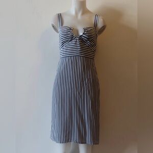 Jenni Kayne Silk Navy Blue White Stripe Keyhole Sleeveless Sweetheart Midi Dress